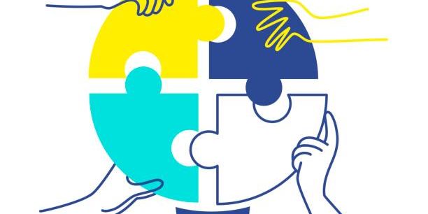 Human hands putting puzzle pieces together. Idea concept. Vector illustration.