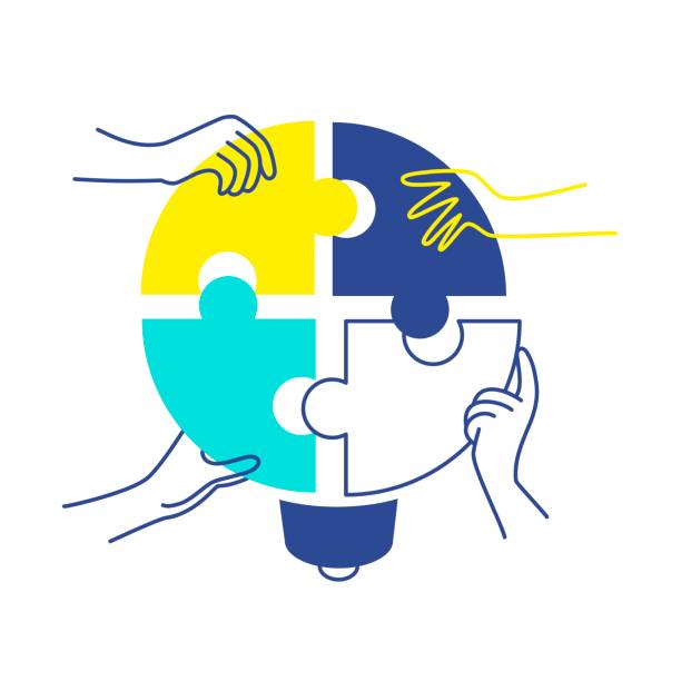 Human hands putting puzzle pieces together. Idea concept. Vector illustration.
